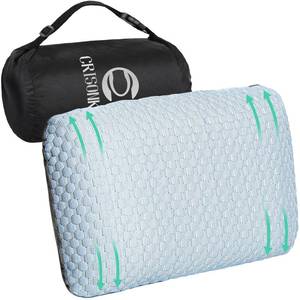lot 15428 image: Crisonky Travel and Camping Pillow- Compressible Medium Firm Memory Foam Pillow with Carry Bag for Backpacking and Airplane, Lumbar Support. Breathable Cooling Fabric, Washable Pillowcase (Wathet Blue)