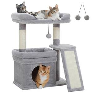 lot 15432 image: PEQULTI Small Cat Tree Tower for Large Adult Cats with Wide Top Perch, Private Cat Condo and Sisal Scratching PostandPad for Indoor Cats, Gray