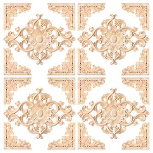 lot 16158 image: 20 Pcs (4 Set) Wooden Appliques Decorative Carved Onlays, Wooden Carved Appliques DIY Decoration for Wood Furniture, Wood Carving Decals for Wall Cupboard Door Bed Cabinet