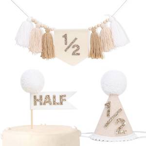 lot 16162 image: 12 Birthday Party Decoration Set - Beige White Tassel High Chair Banner,Half Way to One Cake Topper,Glitter 12 Birthday Hat,Banner Cake Topper Hat 6 Months Party Supplies