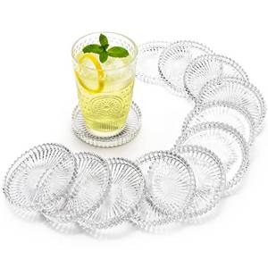 lot 16172 image: Elsjoy 12 Pack 4 Inch Modern Clear Coaster Set, Round Pillar Candle Holder Plates, Clear Crystal Glass Coaster for Drinks, Bar, Dining Table