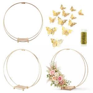 lot 16180 image: 3 Pack 14 Inches Metal Double Floral Hoop Centerpieces with Stand and 38-Yard Paddle Wire Craft Centerpiece Table Decorations WeddingBaptismPartyCenterpiece DIY Metal Ring Table Dcor, Gold