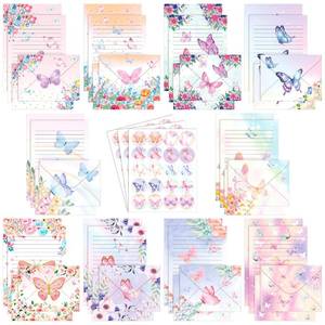 lot 16188 image: TaoBary 160 Pcs Stationery Paper Set 50 Double Sided Stationery Papers with 50 Matching Envelopes and 60 Round Dot Sticker, 10 Design(Watercolor Butterfly,5.5 x 8.25 Inch)