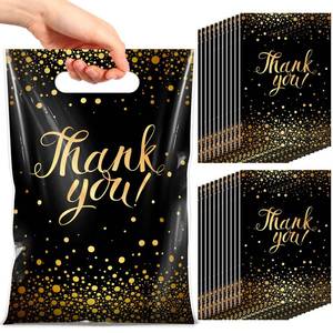 lot 16194 image: Pajean 100 Pcs Thank You Gift Bags Bulk Black and Gold Plastic Bags with Handles Black Goodie Treat Shopping Wrap for Birthday Party Favors Small Business Merchandise Graduation, 6.7 x 9.8inin