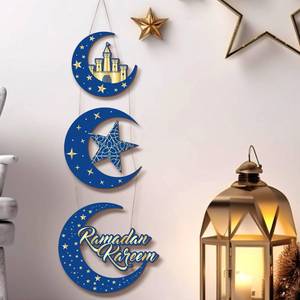 lot 16224 image: 3 Pcs Ramadan Door Sign Ramadan Kareem Decorations for Home Islamic Door Wooden Hanging Plaque Wreath Moon and Star Ornament Mubarak Muslim Wall Sign for Indoor and Outdoor Porch Decor