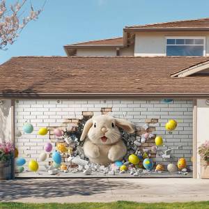lot 16239 image: Easter Garage Door Cover 7 x 16 Ft Decoration with Elastic Bands, Easy to Install, Large Easter Banner Background for Outdoor Home Garage Door Party Decor