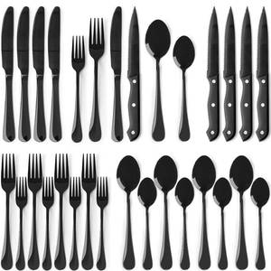 lot 16246 image: Astercook 24-Piece Black Silverware Set with Steak Knives Flatware Set for 4 Food-Grade Stainless Steel Cutlery Set Mirror Polished Utensils Set Include Spoons and Forks for Home Kitchen Restaurant
