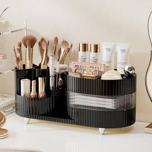lot 17564 image: Rotating Vanity Organizer with Brush Holder and Drawer, 3 Layer Cosmetic Skincare Storage, Large Countertop Makeup Perfume and Lotions Display Case (Black)