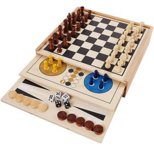 lot 17587 image: Juegoal 7-in-1 Wooden Board Game Set for Kids Adults, Tabletop Combo Classic Travel Portable Board Games (Chess, Checkers, Chinese Checkers, Backgammon, Parcheesi, Snakes and Ladders, Tic Tac Toe)