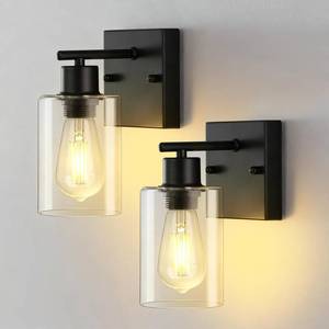 lot 17589 image: 2-Pack Wall Sconces for Bathroom, Matte Black Vanity Lights, Modern Wall Light Fixture with Clear Glass Shade, Farmhouse Wall-Mount Lighting Lanterns, Wall Lamps for Mirror Living Room Bedroom Hallway