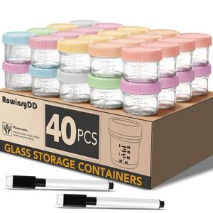 lot 17591 image: RowinsyDD 40 Pack Glass Baby Food Storage Containers, 4 oz Leakproof Baby Food Jars with Lids, Small Glass Food Containers for Infant Baby, Freezer and Microwave Safe, BPA Free