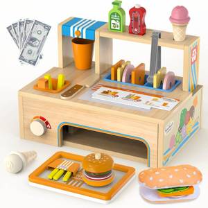 lot 19459 image: Foldable Wooden Play Food Sets Sandwich Counter with Storage, 56 Pcs Pretend Play Kitchen Food Toy, Burger, Ice Cream, Fries, Play Money, Kids Play Store Boy Girl Birthday Gift for Toddlers Ages 3