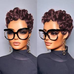 lot 19481 image: SisBroSis Pixie Cut Human Hair Wigs for Black Women Short Layered Curly Pixie Cut Wigs With Bangs Deep 99j Color for Daily Use Glueless Brazilian Virgin Curly Human Hair Wig (Deep 99j)