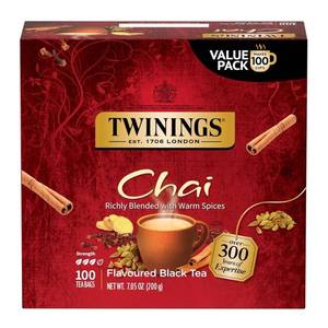 lot 19494 image: Twinings Chai Black Tea Individually Wrapped Bags, 100 Count (Pack of 1), Richly Blended with Warm Spices, Caffeinated, Enjoy Hot or Iced, 100 Teabags (Approx. 60 Tea Bags)