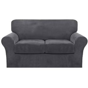 lot 19497 image: FantasDecor 3 Piece Sofa Covers Velvet for 2 Cushion Couch Stretch Loveseat Slipcover with Individual Seat Elastic Furniture Protector for Pets (Loveseat, Gray)