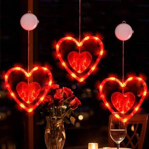 lot 19498 image: Valentines Day Window Lights Decorations with Timer, 3Pack Lighted Red Heart Lights Battery Powered Hanging Red String Light for Fireplace Indoor Home Valentine Wedding Birthday Anniversaries Decor
