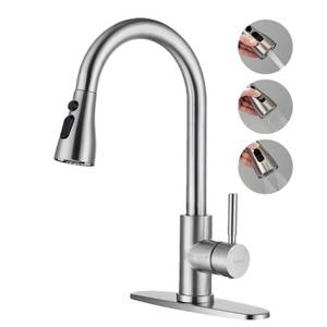 lot 19504 image: TOYWIA Kitchen Faucets with Pull Down Sprayer, 3 Function Sprayer, Brushed Nickel Stainless Steel Single Handle High Arc Sink Faucet for RV, Bar, Farmhouse, Laundry, Outdoor