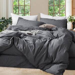 lot 19510 image: MooMee Bedding Duvet Cover Set 100percent Washed Cotton Linen Like Textured Breathable Durable Soft Comfy (Heathered Dark Grey, Queen 90x90in)in