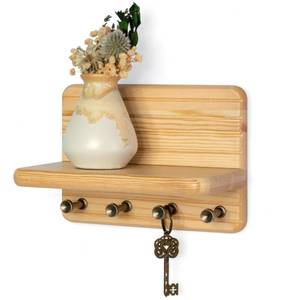 lot 19520 image: Rebee Vision Small Key Holder Wall Mount for Home Organization � Decorative 7-inch Pine Wooden Key Holder for Wall with 4 Hooks and Floating Shelf - Stylish Home Decor Solution (Natural Wood)