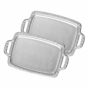 lot 19524 image: Tiangrid 2 Pcs Silver Serving Tray Elegant Floral Metal Plate Silver Platter for Buffet Wedding Party Jewelry Decorative (Oblong with Handle) (1 piece only)