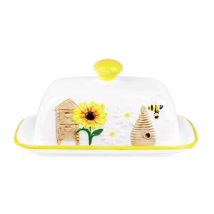 lot 19531 image: BUNCHBRAVO Ceramic Butter Dish - 3D Sunflower and Bee Design  Yellow White Covered Butter Holder with Lid  Farmhouse Cottage Kitchen Decor