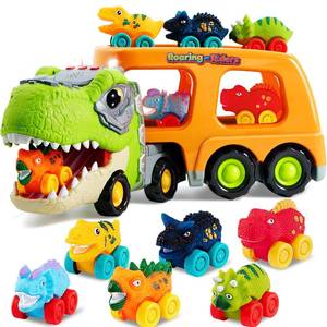 lot 19541 image: JOYIN Dinosaur Toys for Kids 2-4, Toddler Boy Toys, Dinosaur Carrier Truck with 6 Rubber Car Vehicles, Easter Birthday Gifts with Music and Lights for 2 3 4 5 Year Old
