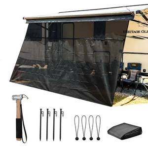 lot 19555 image: RV Awning Shade Screen with Zipper 9ftX10ft3ftft - Black Mesh Camper Awning Shade Screen, Universal Trailer Camper RV Awning Sun Shade Screen - Comes with Ground Stake Hammer Set