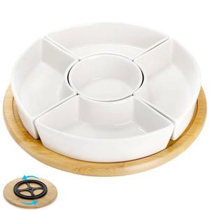 lot 19560 image: Lyellfe Divided Serving Dish Lazy Susan, 360° Rotatable Porcelain Appetizer Snack Tray Platter for Fruit, Veggies, Candy, Relish Tray for Christmas Thanksgiving Party, 5 Removable Compartment, White