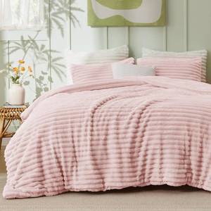 lot 19581 image: Bedsure Comforter Set Queen Size - GentleSoft� 3 Pieces Double-Side Fleece Fluffy Pink Comforter Set, Cozy Striped Room Decor Aesthetic, Luxury Bedding Queen Size, 2 Pillowcases, 90x90 Inches