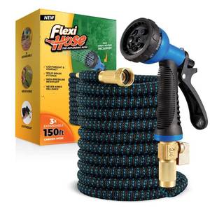 lot 19582 image: Flexi Hose Expandable Garden Hose with 8 Function Nozzle, 150FT - Lightweight Retractable Garden Hose, Water Hose - No-Kink Flexibility, 34 Inch Solid Brass Fittings and Double Latex Core