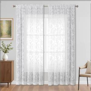 lot 20234 image: OVZME White Sheer Curtains 90 Inches Long 2 Panels, Airy Voile Jacquard Bird Textured Curtains, Semi Sheer Farmhouse Rod Pocket Curtain Drapes for Bedroom Living Room, 52W x 90L