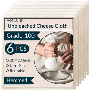 lot 20298 image: 6-Pack Beige Cheesecloth, 20x20 Inch Hemmed Cheese Cloth for Straining, Reusable Unbleached Cotton Strainer for Cooking, Baking, Juicing, and Cheese Making (Grade 100)