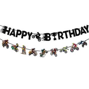 lot 20310 image: Zwiebeco Motorcycle Happy Birthday Party Decoration Banner Bunting Garland Hanging Paper for Harley Inspired Dirt Bike Racing Theme Boys Girls Men Women Kids Adults Birthday Decor Accessories Supplies