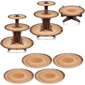 lot 20372 image: Sawysine 7 Pcs Woodland Cupcake Stand Set Woodland Baby Shower Decorations 3 Tier 2 Wooden Cupcake Stand 1 Rustic Cake 4 Rectangle Serving Tray Birthday Western Camping Hunting Supplies(Circle)