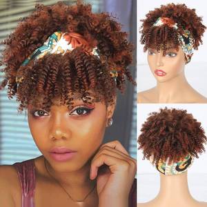 lot 20407 image: LEOSA Afro Kinky Curly Wig With Bangs - Ombre Headband Wig for Women - Natural Synthetic Afro Wig With Attached Headband - Brown High Puff With Bangs