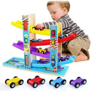 lot 5906 image: Montessori Toys for Toddlers, Children Race Track Toy with 4 Cars and 1 Wooden Parking Lot, Stable Base, Car Ramp Toy for 1 2 3 Year Old Boy Girl Gifts