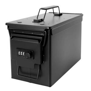 lot 5949 image: Aolamegs 50 Cal Ammo Can Metal Ammo Storage Box with lock-, Waterproof Military Airtight Steel Ammo Container Cans and Cases, Black,11.8x8.6inx6.8inin