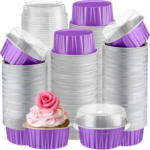 lot 6233 image: Gejoy 400 Pcs Aluminum Foil Baking Cups with Lids 5 oz Disposable Ramekins Mini Cake Pans Creme Brulee Cupcake Liners Muffin Tins Flan Mold Dessert Container for Wedding(Purple,Classic)
