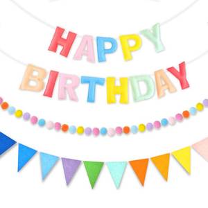lot 6277 image: CANREVEL Pre-Strung 3D Happy Birthday Banner, 3 PCS Happy Birthday Felt Garland, Pom Pom Garland, Triangle Fabric Garland Bunting, Reusable Birthday Decorations for Women Men Girls Boys, Pastel
