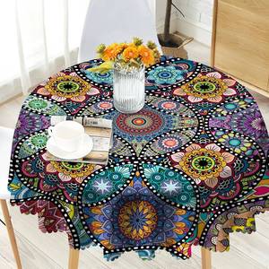 lot 6283 image: Eikione Boho Round Tablecloth, 60inch Bohemia Table Cover, Colorful Polyester Waterproof Stain Resistant, Wrinkle Free, Circle Tablecloth for Indoor and Outdoor Use