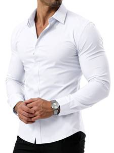 lot 6296 image: PLEPAN Menfts White Long Sleeve Button Down Dress Shirt Slim Fit Stain Proof Wrinkle-Free Business Casual Stretch Shirt White M has stains around caller of shirt