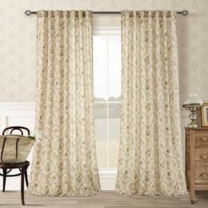 lot 6341 image: Tan Brown Floral Linen Curtains for Living Dining Room 96 Inch Length 2 Panels Beige Plant Flower Pattern Printed Curtains Back Tab Semi Sheer Farmhouse Rustic French Country Drape for Bedroom 8FT