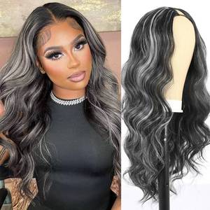 lot 6357 image: Mayouda Body Wavy V Part Wig Long Water Curly Wavy Wig For Black Women Synthetic Hair Replacement Wigs Full Head Clip In Hair 24Inch Black With Grey Glueless Synthetic Wigs (Black With Grey)