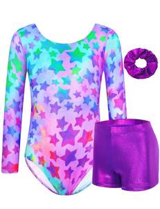 lot 6453 image: Levasuph Gymnastics Leotards for Girls Size 9-10 Years Old Shiny Rainbow Stars Tumbling Unitards with Hair Scrunchie