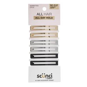 lot 10238 image: Scunci by Conair No-Slip Grip Stay Tight Barrettes - hair barrettes for women - hair accessories for women - hair clips - Gold, Black and Silver - 6 Count