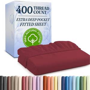lot 10247 image: Queen 400 Thread Count Cotton Fitted Sheet - Hotel Quality 100percent Cotton - Soft and Wrinkle Free - Deep Pockets - Fits Mattress Perfectly with No Pop-Off Elastic - One Fitted Bottom Sheet Only - Burgundy