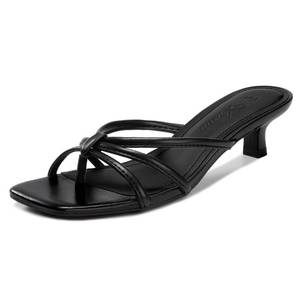 lot 10255 image: Athlefit Black Kitten Heels for Women Square Toe Summer Low Heels Slip On Flip Flop Strappy Heeled Thong Sandals Size 6