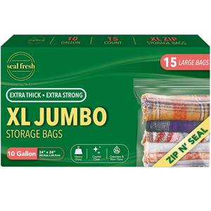 lot 10256 image: Seal Fresh 10 Gallon Large Plastic Storage Bags � 24 x 24in (15 Count) � Reusuable XXL Extra Large Heavy Duty Clear Jumbo Freezer Zip Lock Bags with Sealable Zipper Top For Clothes, Travel, Movingin