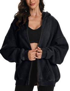 lot 10257 image: FAIABLE Womens Mens Large Double Zip Up Hoodie Oversized Acid Wash Heavyweight Hoodies Distress Cotton Fleece Vintage Y2k Full Zipper Couples Sweatshirt Black