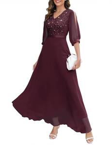 lot 10272 image: Wedtrend Burgundy Womenfts Wedding Guest Dress Long Sequin Dress 34 Sleeve Cocktail Dress Swing Gowns and Evening Dresses Prom Dress WT0317BurgundyS